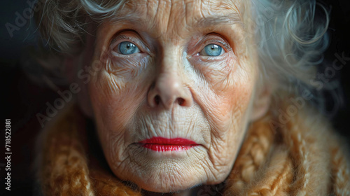 portrait of a gray-haired elderly blue-eyed woman in her 80s  © iuliia