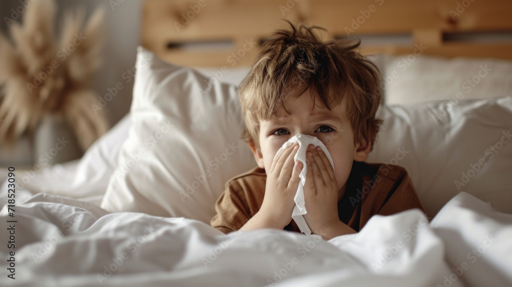 Sick Caucasian boy have high fever flu and sneezing into tissue on bed in bedroom, Healthcare and prevent the spread infection virus concept, Selective focus. Sick Caucasian boy have high fever flu and sneezing into tissue on bed in bedroom, Healthcare and prevent the spread infection virus concept, Selective focus.