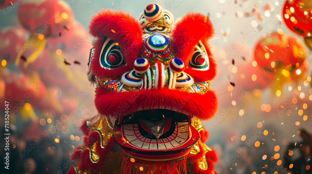 Chinese lion dance show on street in the Chinese New Year festival.Chinese lion costume used during Chinese New Year celebration.Holidays and celebrations concept. Generative AI 