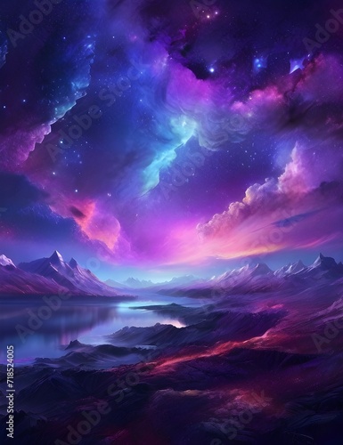 Beautiful fantasy starry night sky, blue and purple colorful, galaxy and aurora 4k wallpaper © Afamjay
