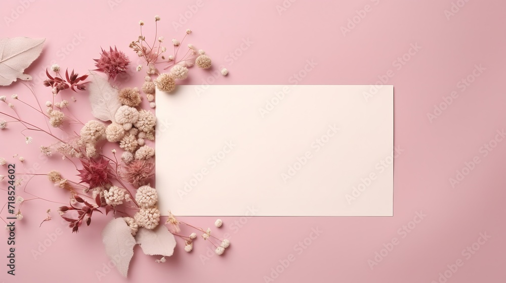 Greeting or invitation card mockup with dry flowers decorations on pink background. Generative Ai