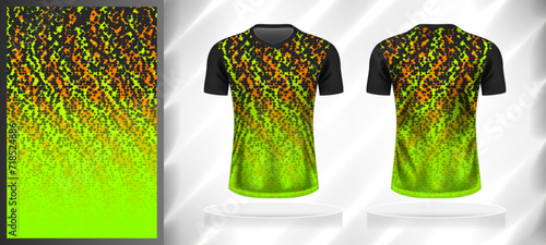 Vector sport pattern design template for V-neck T-shirt front and back with short sleeve view mockup. Shades of grey-green-orange color gradient abstract geometric texture background illustration.