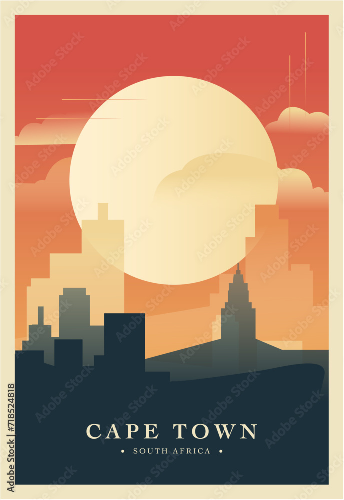 Cape Town city brutalism poster with abstract skyline, cityscape retro vector illustration. South Africa megapolis travel front cover, brochure, flyer, leaflet, business presentation template image