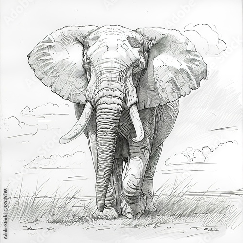A majestic African elephant stands tall in a grassy field  its wrinkled hide textured in fine lines