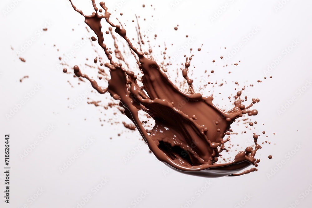 Chocolate Splash with a Burst of Flavor, Highlighted Against an Isolated White Canvas, Generative AI Chocolate Splash with a Burst of Flavor, Highlighted Against an Isolated White Canvas, Generative AI