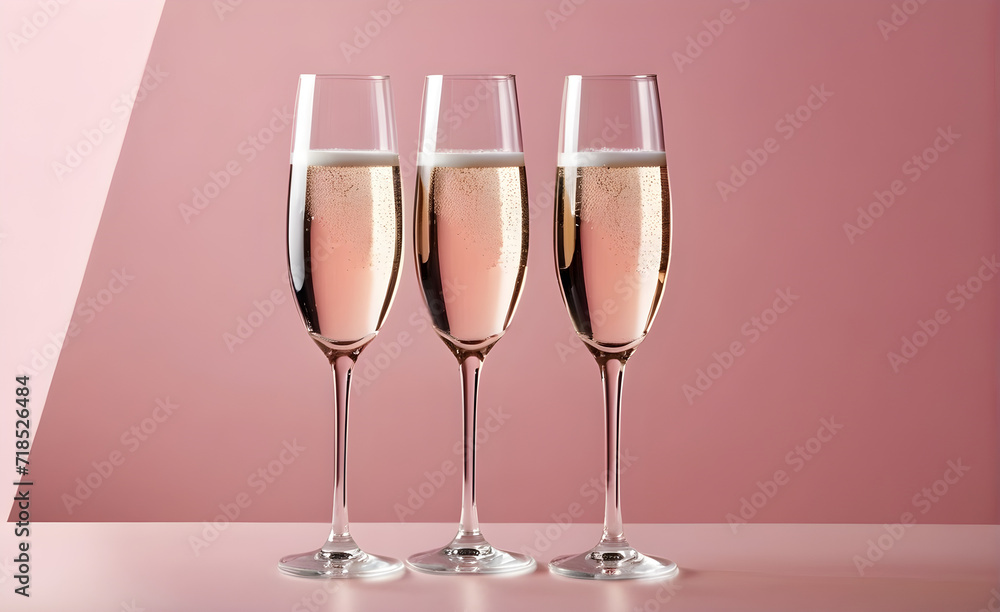 Three champagne glasses on a simple soft pink background, Valentine's Day, Christmas. Generative AI
