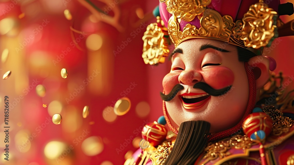 cartoon with a smiling face, the Chinese God of Wealth, wearing traditional Chinese clothing, against a red background.