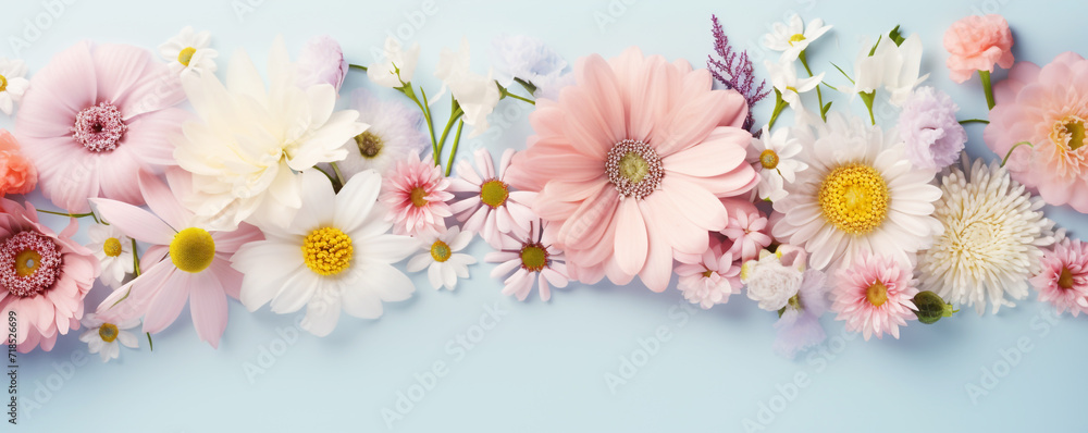 Flowers flat lay with copy space in pastel colors