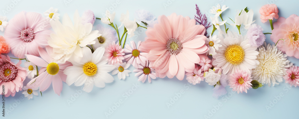 Flowers flat lay with copy space in pastel colors Flowers flat lay with copy space in pastel colors