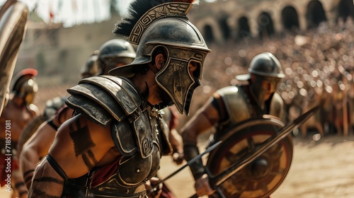 Ancient Spartan Warrior Leading Troops in Battle Arena with Helmet and Armor