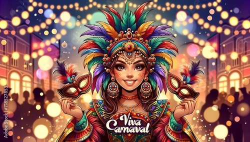 Illustration of the goa carnival with a joyful woman character with mask.