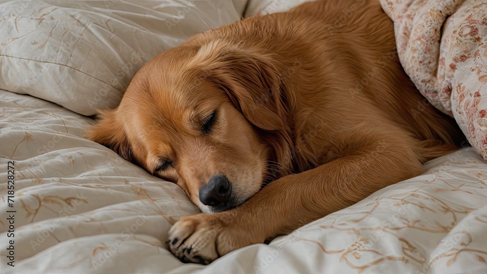 Dark golden retriever dog lying on bed in the bedroom Dark golden retriever dog lying on bed in the bedroom