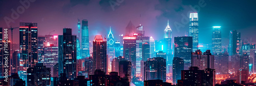 City skyline skyscrapers at night with neon lights