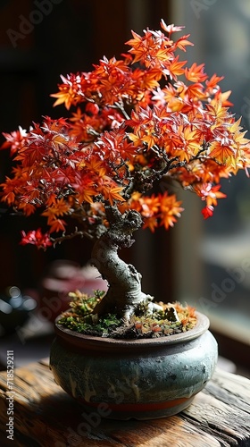 Red bonsai in a tub, Generative ai.