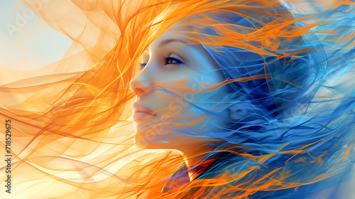 a painting of a woman in blue and orange color, generative ai