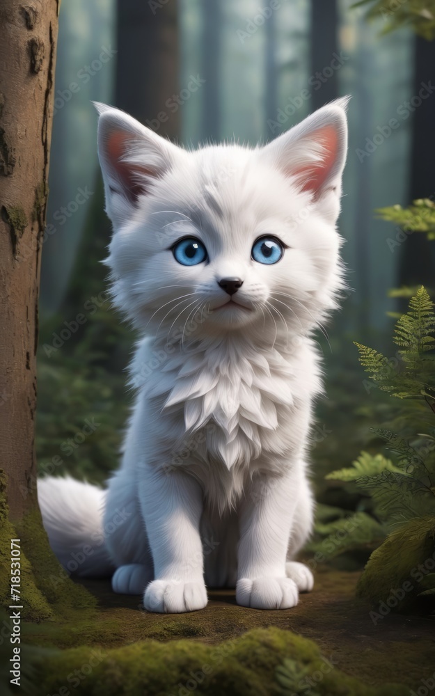 kitten big chibi blue eyes hybrid animal between an fox and a kitten in a forest
