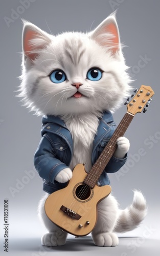kitten big chibi blue eyes and cute fold little ears playing guitar