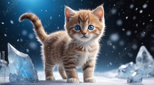 kitten big cute blue eyes, highly detailed shot of a brown redish ice dramatic snowing background