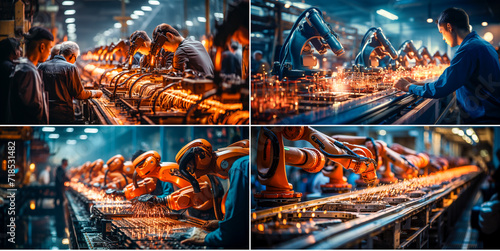 People control robots on an assembly line. Robots improve factory efficiency and productivity. Human supervision ensures safety and quality control.
