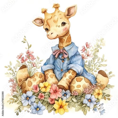 Fototapeta Naklejka Na Ścianę i Meble -  giraffe child with flowers illustration watercolor