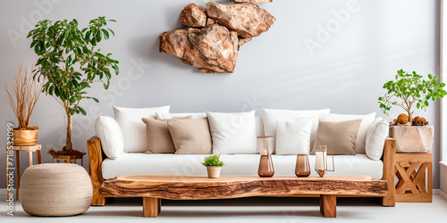 Combines rustic and modern elements to create a unique design. Includes a natural wood coffee table with a distressed finish. Contrast the warm tones of the table with the clean white sofa and wall.