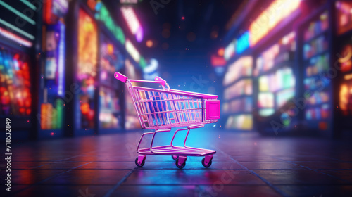 Wallpaper Mural 3d Shopping neon cart icon in storefront with colorful neon light blurred background. Black Friday, cyber monday and valentine sale promotions concept Torontodigital.ca