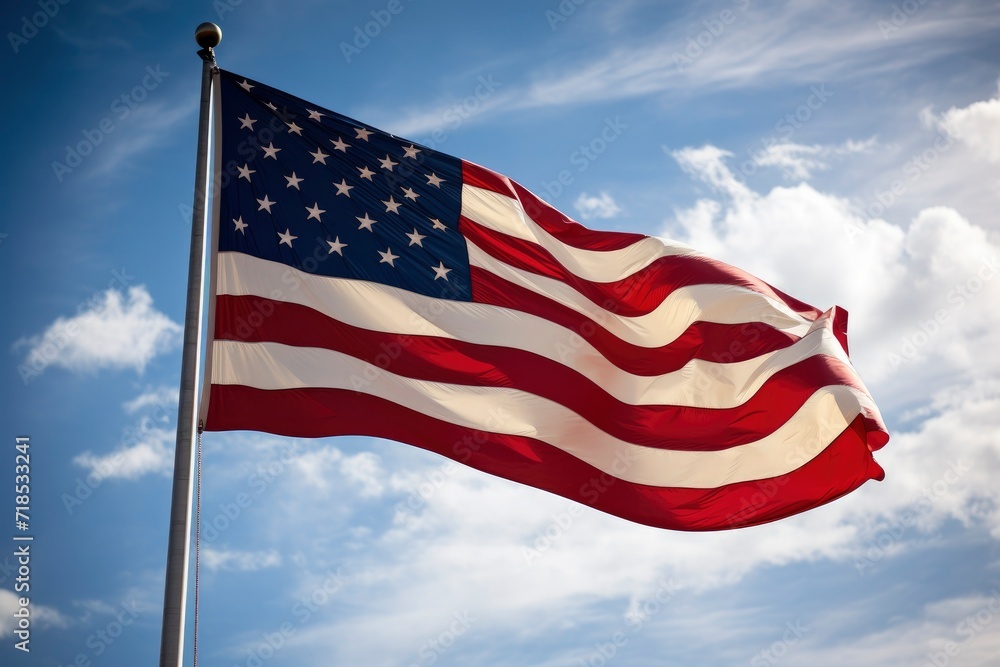 Amarican flag flying against a blue sky Amarican flag flying against a blue sky