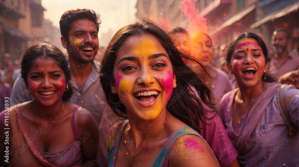 beautiful woman enjoying The Hindu festival Holi, india