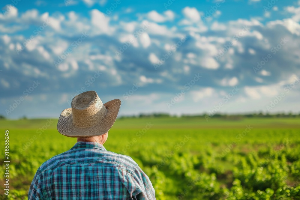 person from behind looking out over a vast green field