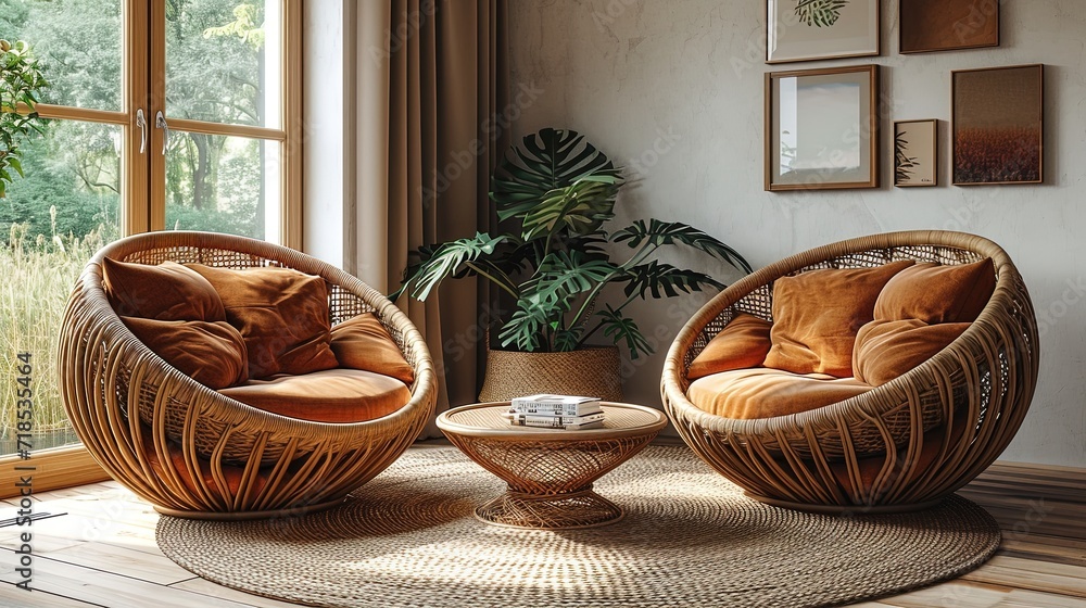 Interior design living room with rattan round soft armchairs. Two quality rattan armchairs in boho style. Neutral color tone interior design concept