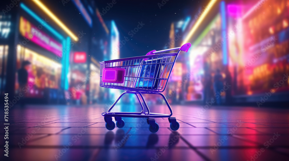 3d Shopping neon cart icon in storefront with colorful neon light blurred background. Black Friday, cyber monday and valentine sale promotions concept