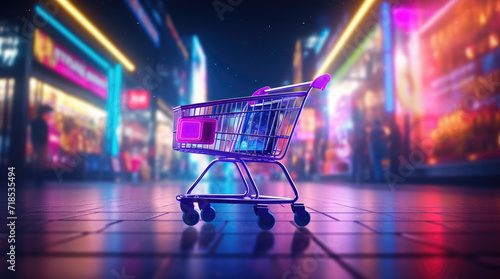 Wallpaper Mural 3d Shopping neon cart icon in storefront with colorful neon light blurred background. Black Friday, cyber monday and valentine sale promotions concept Torontodigital.ca