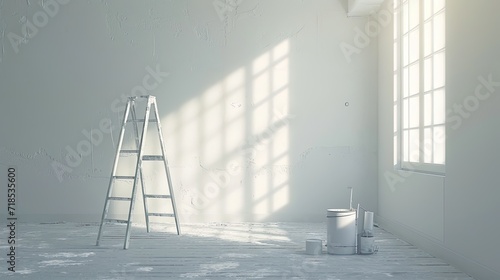 An empty white room with a window, without decoration, in the middle there is a stepladder and cans of paint. concept of starting renovation, renovation, new apartment photo