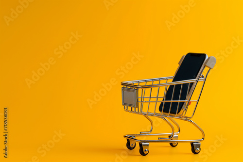 Smart phone with Iron shopping cart for online.Shopping online concept