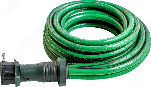 A green garden hose, an essential outdoor watering tool. isolated on transparent background. PNG