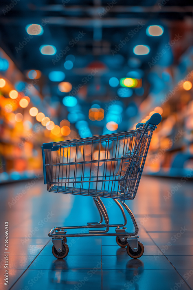 Empty plastic basket on steel shopping cart.shopping online concept