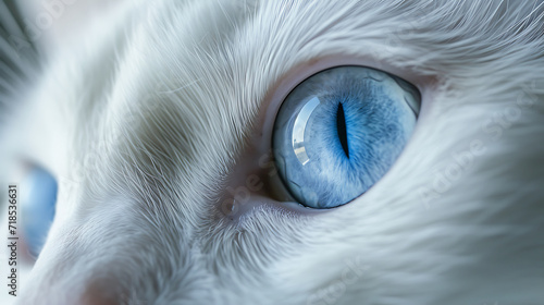 A photograph of a close-up on the piercing blue eyes of a white cat. Generative AI illustration  © สรศักดิ์ ธรรมวงษ์ษา