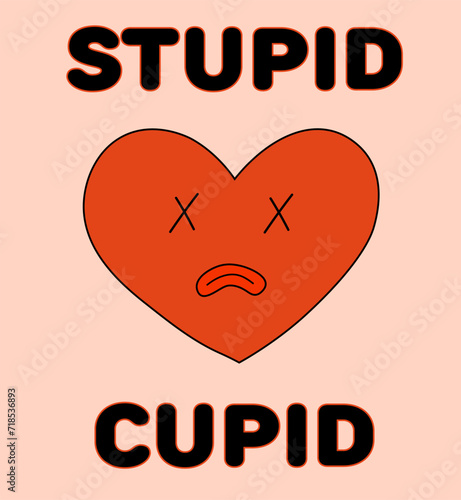 Anti Valentine Day Card. Red Heart is dead. Cupid Stupid. Mascot in groovy and Y2k style. Greeting card, template, poster, print, party invitations and background. Vector flat illustration.