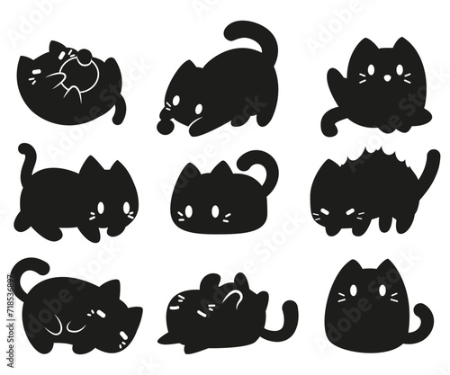 Black cat funny poses, playful kitty, adorable pet vector cartoon illustration