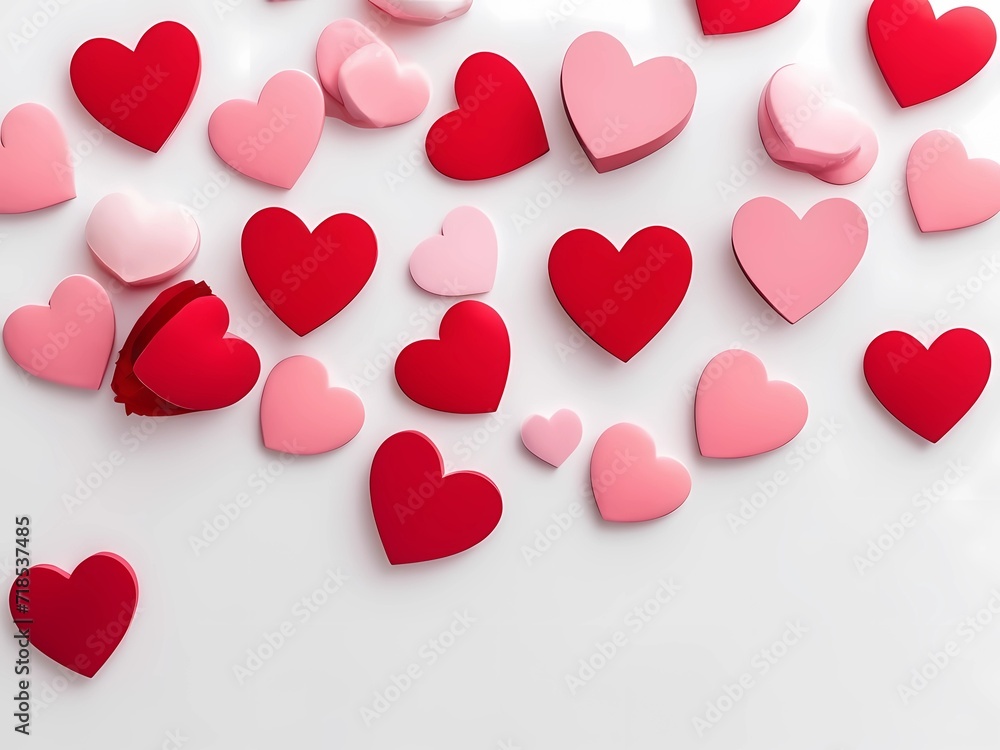 high quality, Valentine's day background with red and pink hearts on white background