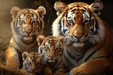 Tiger cub playing staring hiding in grass nature beauty, Tiger With her family, Ai generated