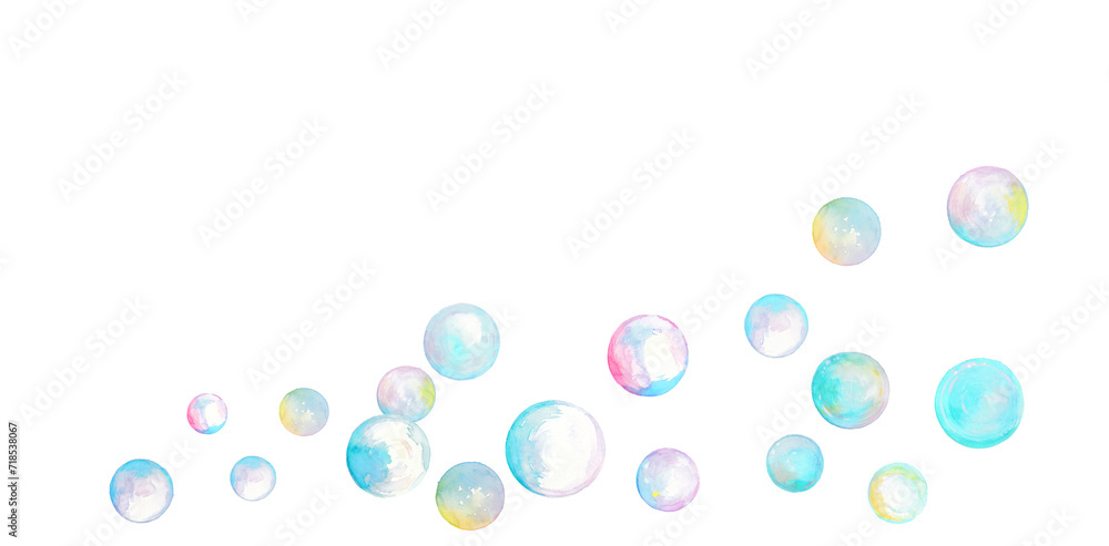 透明水彩で描いたカラフルなシャボン玉のイラスト素材　フレーム素材　背景イラスト	
