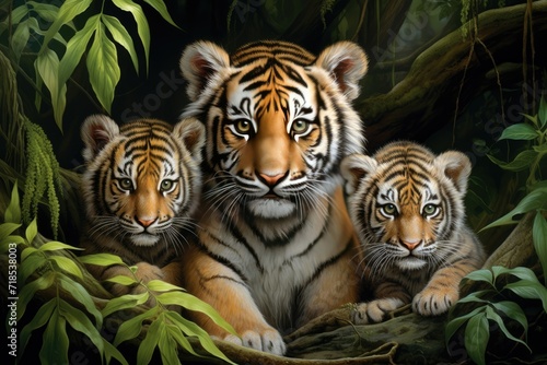 Tiger cub playing staring hiding in grass nature beauty  Tiger With her family  Ai generated