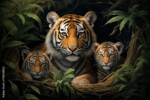 Tiger With her family  a realistic encounter between a mother tiger and her cubs in their natural habitat   Ai generated