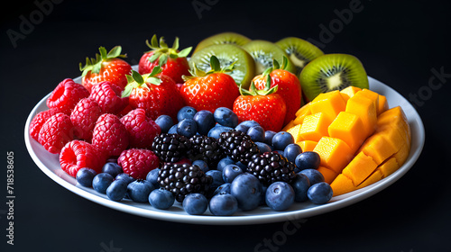 A plate of fresh fruit pictures isolated in black copy, generative ai © Saleem