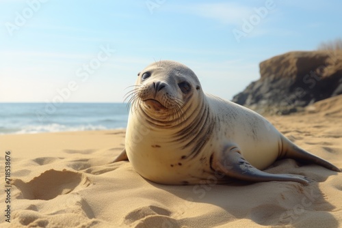 A seal rests lying on a sunny beach
