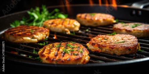Cooking vegan cutlets in frying pan on stove, closeup