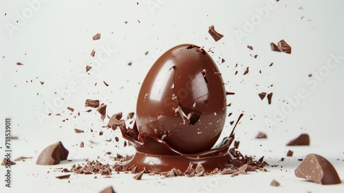 Chocolate Egg Bursting on White Background, a Festive Easter Celebration Concept.
