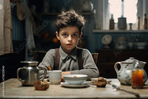 Young Boy with Sad Expression Eating Breakfast