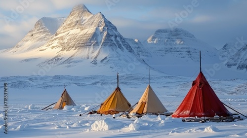 Puffin tents, traditional tepee tepees in the snow-capped mountains